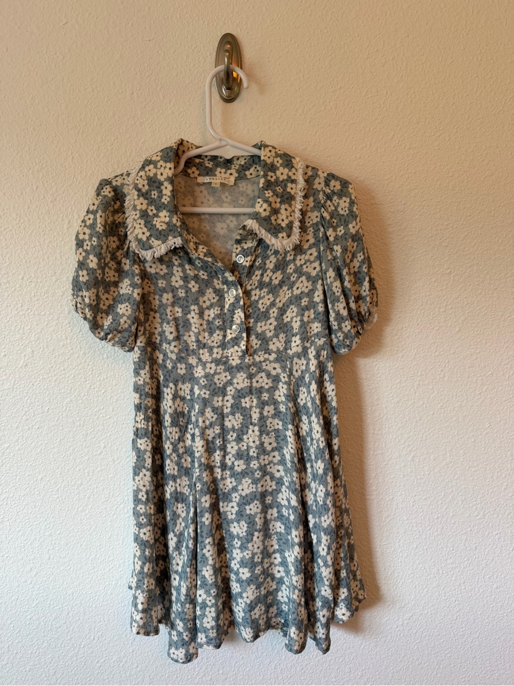 Blue Floral Puff-Sleeve Kids Dress with Peter Pan Collar